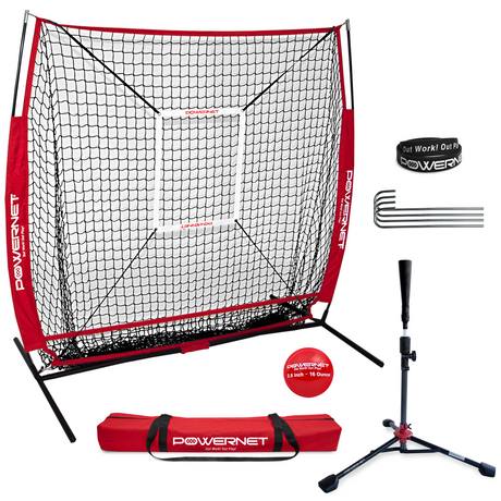 5x5 FT Baseball Softball Net Bundle | Strikezone & Tee sports PowerNet Red