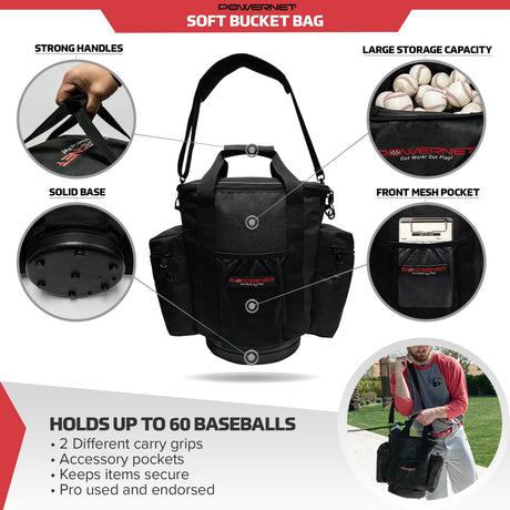 Soft Bucket Carry Bag | Shoulder Strap Baseball And Softball Equipment Bags PowerNet